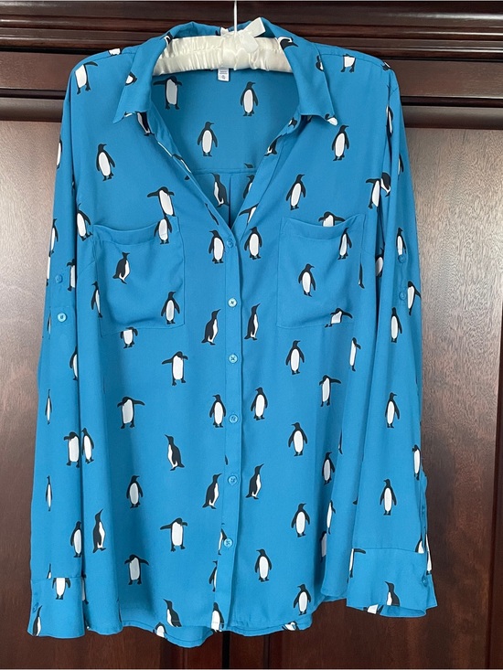 Express Tops - Express Portofino Blue Penguin Print Button-Up Shirt - Women XL